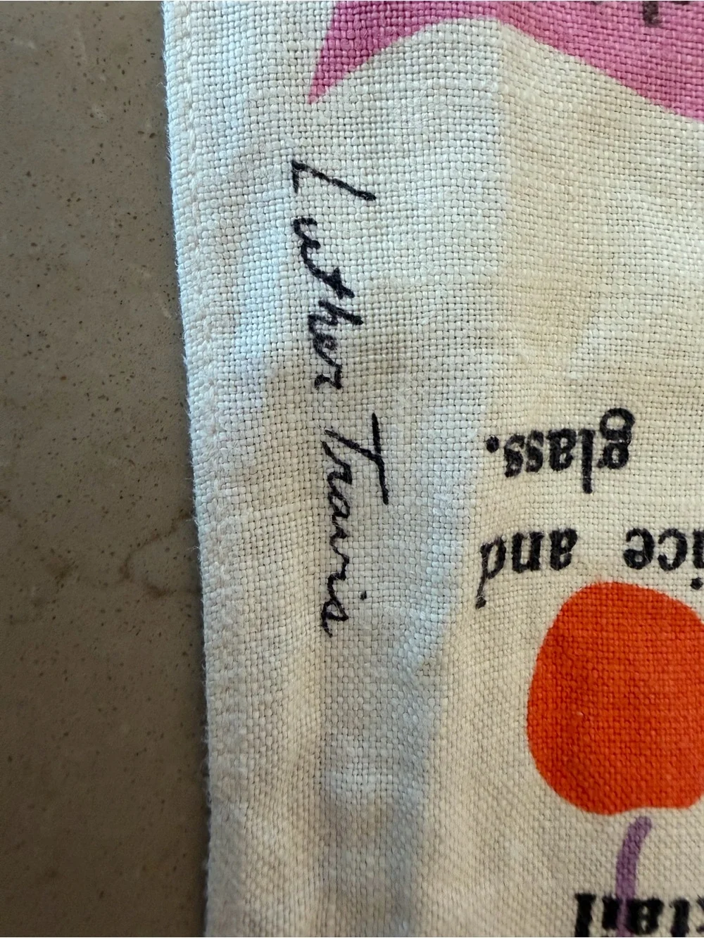Vintage Luther Travis Cocktail Recipe Kitchen Tea Towel MCM - Pink Orange Purple
